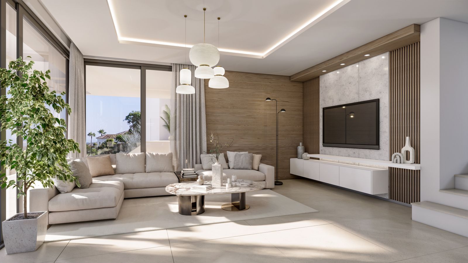 Salon luxueux avec canapés confortables, cheminée moderne et vue sur le golf à la Villa Evania Europa.