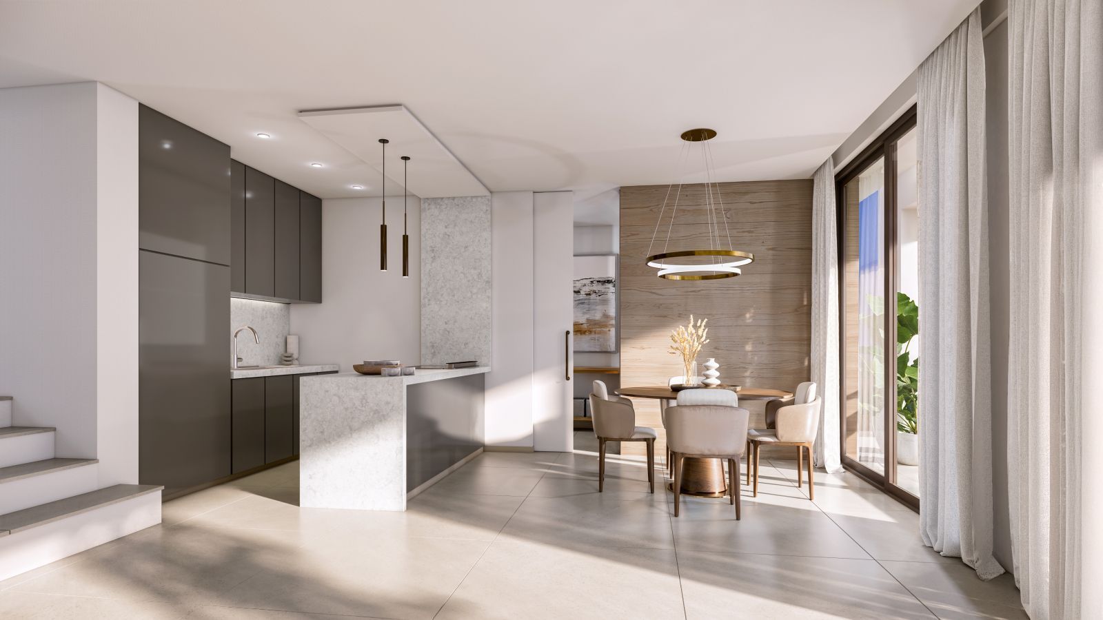 Cuisine et salle à manger modernes avec éclairage et mobilier élégants à la Villa Evania Europa Golf.