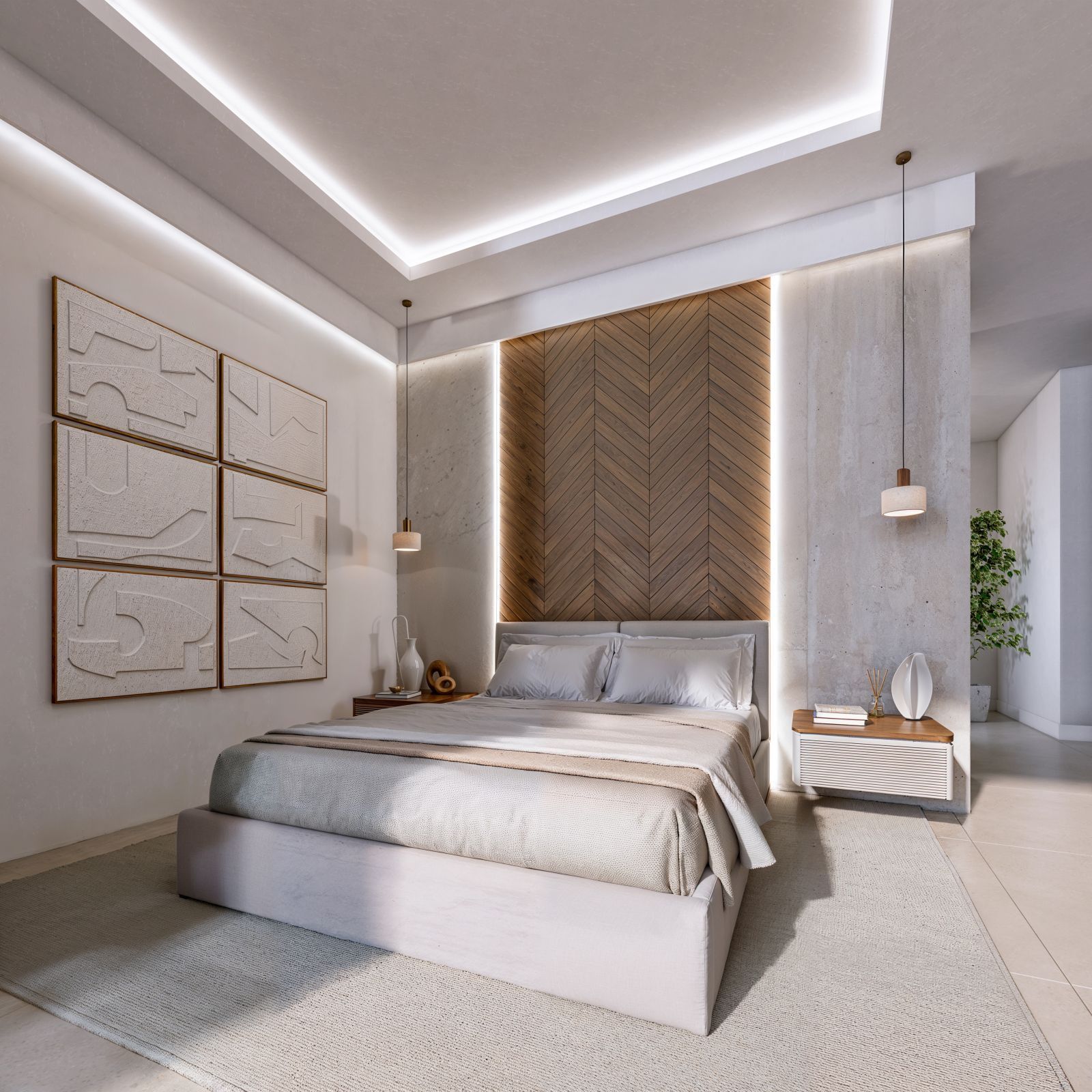 Chambre moderne avec tête de lit en chevrons à la Villa Evania Europa Golf.